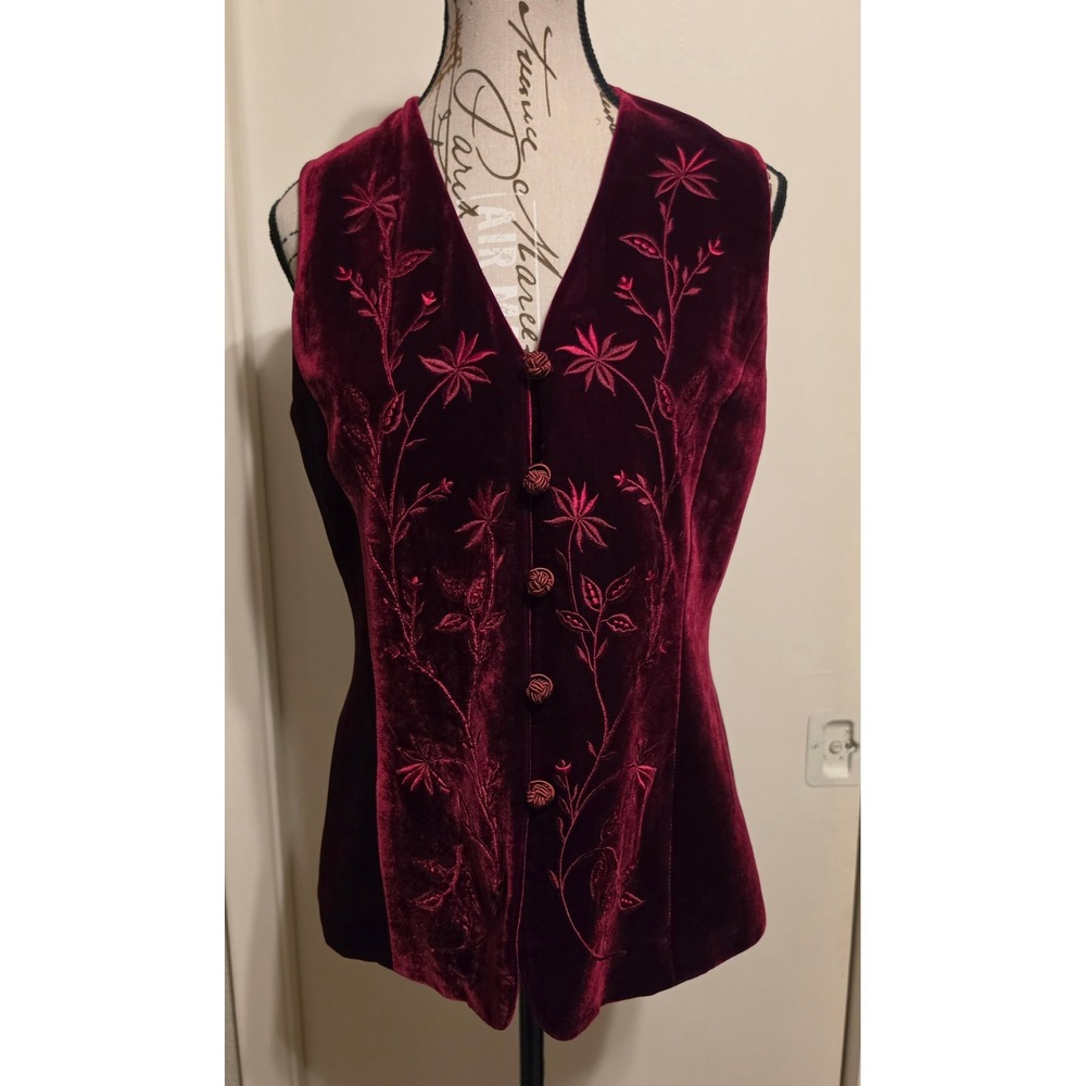 Ann Taylor Burgundy Velvet Floral Embroidered Vest Rayon Silk Blend Red 8 Vtg